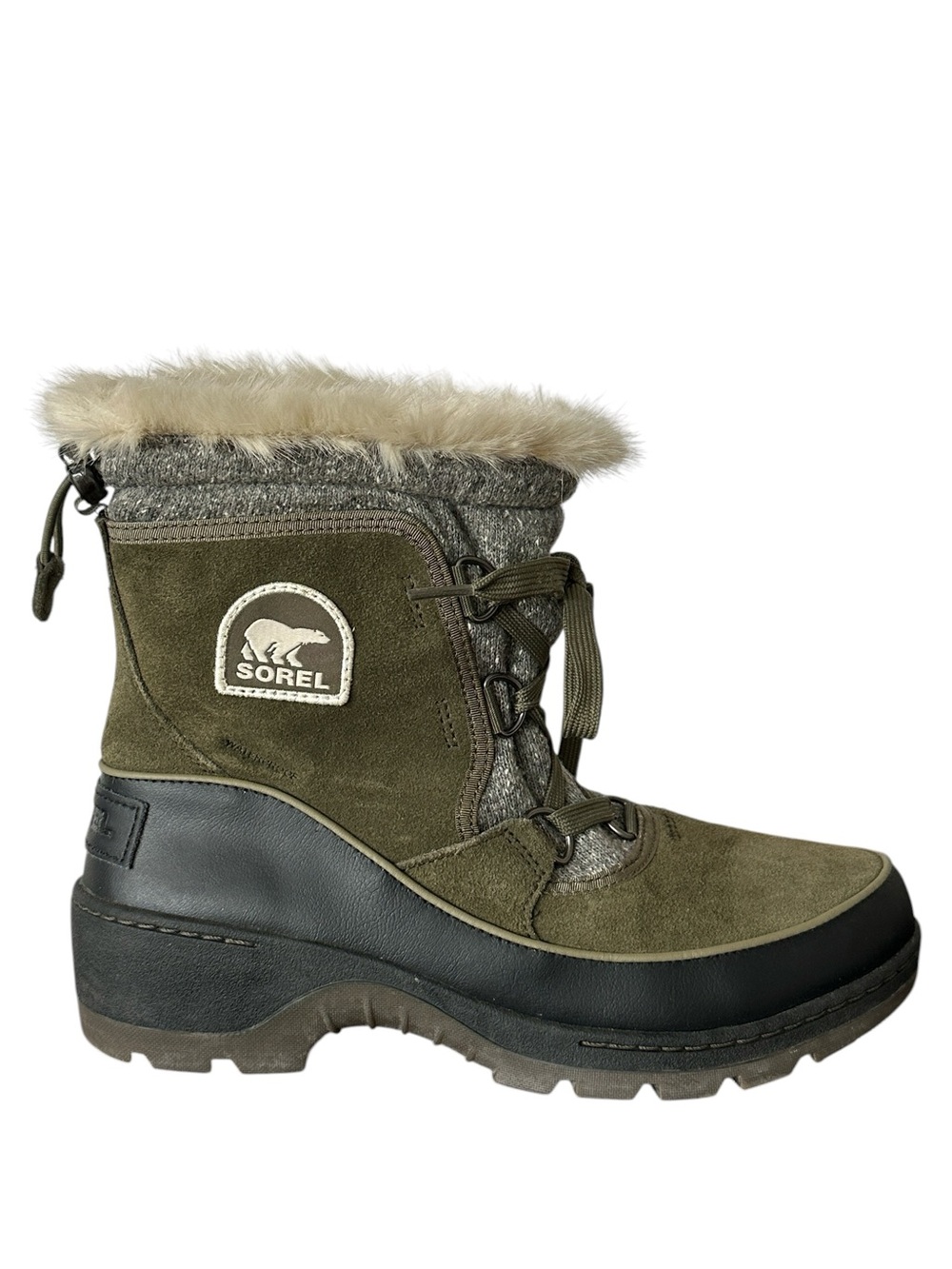 Sorel Tivoli III Waterproof Winter Boots Olive Green Faux Fur Trim NL2534-383